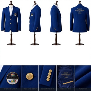 Costume d'affaires croisé en velours polyester bleu pour homme WAGC World 2026, style britannique, logo gaufré doré, col en V pour adultes - Product Image 1