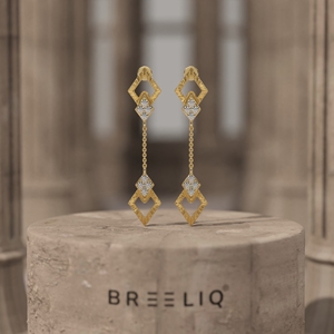 Boucles d'oreilles pendantes BREELIQ en or jaune 14 carats avec breloque ronde, diamant rond taille brillant 0,22 carat VVS2 couleur G, pour anniversaire - Product Image 2