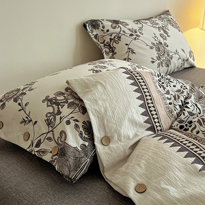 Set di Biancheria da Letto in Misto Lino e Cotone Lavato, Modello Vintage con Bottoni, Quattro Pezzi, Copripiumino e Lenzuola 300tc - Product Image 2