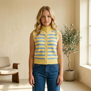 Maglioni Estetici Personalizzati da Donna, <span class=keywords><strong>Maglia</strong></span> <span class=keywords><strong>Senza</strong></span> <span class=keywords><strong>Maniche</strong></span> a Collo Alto con Righe Vintage - Product Image 1
