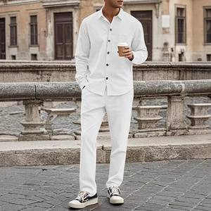 Erkek rahat hırka uzun kollu pantolon 2 parça takım elbise erkekler kadife düğme aşağı gömlek iki adet setleri - Product Image 2