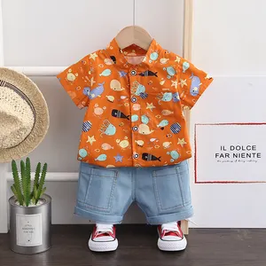 소년의 오렌지 만화 반팔 하와이 스타일 셔츠 + 바지 데님 반바지 2020