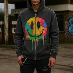 Streetwear vintage en détresse de style OEM pour hommes, sweat à capuche personnalisé avec impression de dragon graphique audacieux surdimensionné et fermeture éclair sur le devant - Product Image 2