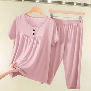 Women's Short Sleeve Capri Pants Set Lightweight Breathable Knitted Casual Two Piece Plus Size Pink - Product Image 1