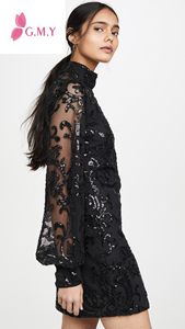 GIMILY-Vestido corto de talla personalizada para mujer, estampado Floral informal, malla de lentejuelas negras, Espalda descubierta, cuello falso, manga larga - Product Image 4