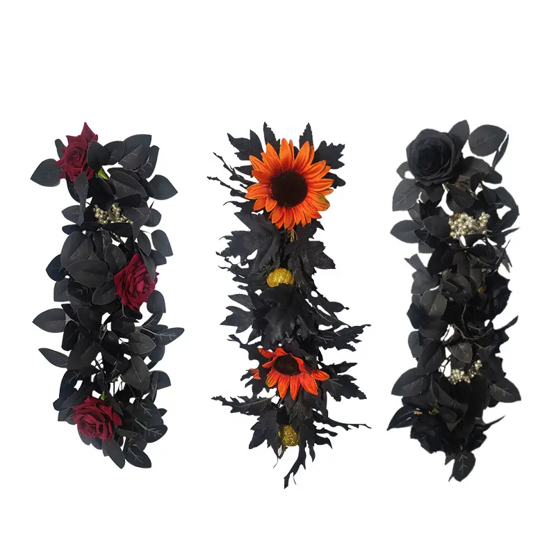 ハロウィンガーランド秋の壁掛け葉人工秋の装飾ブラックローズガーランドブラックデコレーションブラックリーフつる