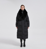 Veste d'hiver longue et brillante noire surdimensionnée coupe-vent pour femmes avec col en fourrure de renard véritable et doublure en duvet d'oie