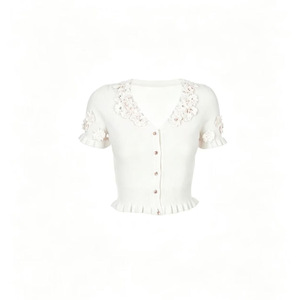 Dalang Sweater Factory Women's Knitted Cardigan Short Sleeve <b>Sweet</b> Style <b>Flower</b> Embellished Slim Fit Breathable Summer Top - Product Image 3