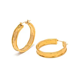 Minimalist Chunky Hammered Texture Big Hoop 18k Real Gold Plated Stainless Steel Hoop Earring