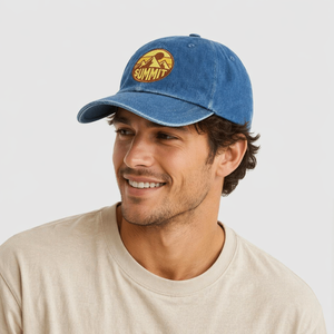 Casquette Dad en jean personnalisée, style vintage années 70, motif silhouette montagne <span class=keywords><strong>soleil</strong></span>, surpiqûres moutarde et or, en coton doux, non structurée, respirante et ajustable - Product Image 1