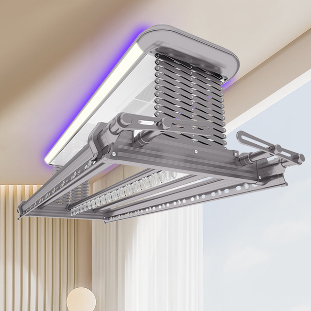 Convenient Foldable Indoor Clothes Drying Rack Heating Function Sensor Smart LED Lighting Electric Lifting Ceiling-Mounted