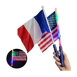 Promotional Wholesales Personalized Design Logo 100% Polyester Campaign Light Up Mini Hand Flags with LED Flashing Poles