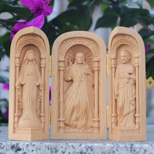 Scatola per Icone Religiose in Legno di Faggio Naturale con Coperchio Rotondo, Pieghevole in Tre Parti, Figura Sacra Intagliata in 3D, Altare Portatile per Preghiera Cattolica, Decorazione, Vendita all'Ingrosso - Product Image 1