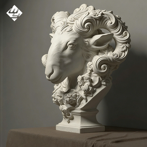Sculpture de tête de chèvre en marbre à relief floral, tête de mouton sculptée en <span class=keywords><strong>pierre</strong></span> naturelle, art mural pour l'intérieur et l'extérieur, jardin - Product Image 2