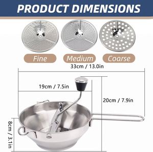 Utensilios de Cocina, Batidora de Alimentos, Rallador de Mermelada, Triturador de Patatas, Molinillo de Alimentos Manual Giratorio de Acero Inoxidable Duradero con 3 Discos de Molienda - Product Image 3