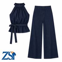 Ensemble 2 pièces Zesheng personnalisé pour femme, style Y2K, haut sans manches en denim tissé 100 % coton coupe ample et pantalon large, OEM ODM