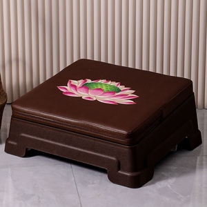 Lotus Printed Prayer <b>Stool</b> Brown Leather Look Storage <b>Ottoman</b> For Home Temple Meditation Use - Product Image 1