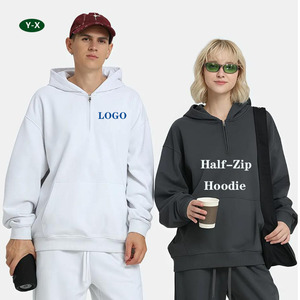 Y-X Nuova Felpa con Cappuccio Personalizzabile di Alta Qualità con Mezza Zip, Tinta Unita, in Pile Leggero e Velluto Francese per <span class=keywords><strong>Uomo</strong></span> - Product Image 1
