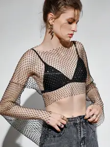 Perspektif jaring-jaring seksi atasan blus crop berlian imitasi berongga kaus jaring-jaring atas untuk wanita