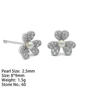 Moda tres trébol CZ 14K amarillo moda damas plata esterlina Pendientes chapados en oro mujeres perla encantadora joyería para niñas - Product Image 5