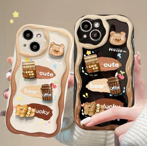 Cute Lucky Cartoon Coffee Bear Soft TPU All-Inclusive Shockproof Phone Case for iPhone 15 Pro Max 14 13 12 11 Pro XS XsMax XR