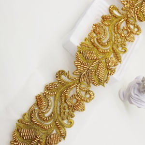Hot Selling Dubai African Embroidered Bridal Gold Mesh Trim <strong>Lace</strong> <strong>Fabric</strong> Beaded <strong>Lace</strong> Trim for Dress - Product Image 6