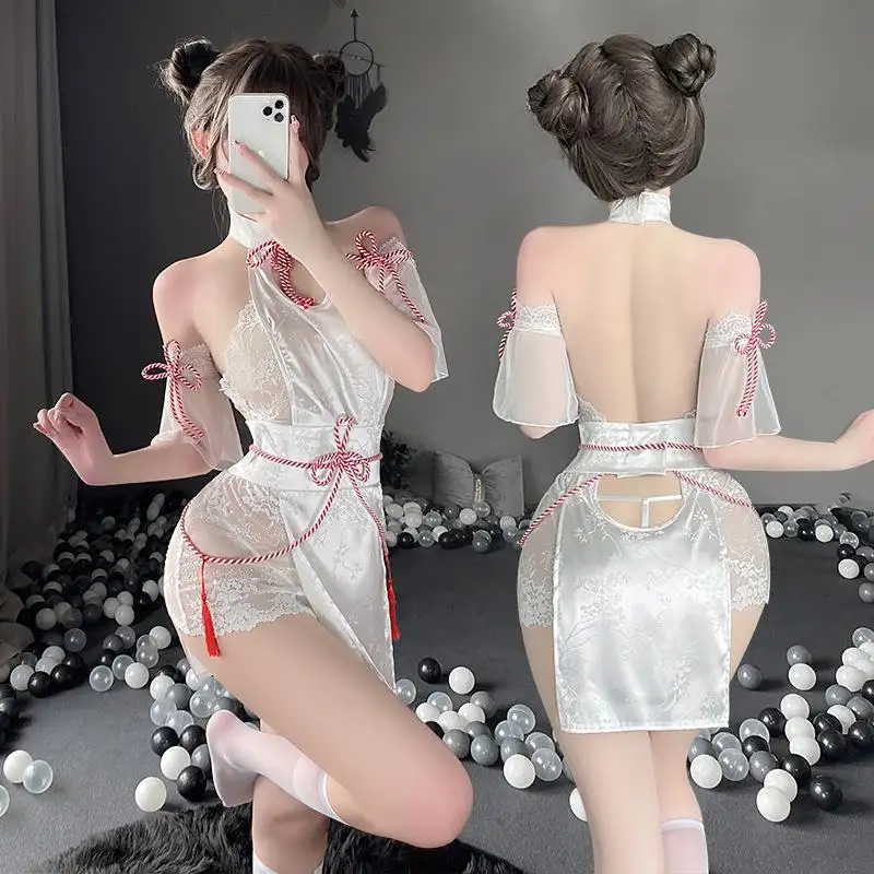 Anime Fox gaun Iblis seragam renda rumbai wanita kostum Cosplay Halloween pakaian wanita lingerie seksi pakaian dalam cheongsam