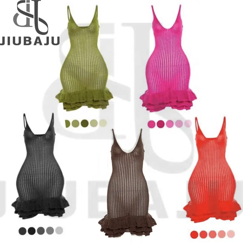 Sexy Spaghetti Strap V-neck Mini Vestido Mulheres Backless Malha Ruched Ruffle Party Night Club Vestido Bodycon