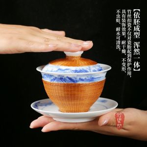Bamboo Woven Porcelain <b>Tea</b> <b>Set</b> Jingdezhen Hand Painted Teapot Teacups With Lid Simple Style For Kung Fu <b>Tea</b> Ceremony - Product Image 3
