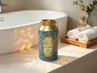 Lanterne en métal bleu sarcelle à découpes en forme de feuille, lanterne décorative portable en fer avec bordure dorée, option d'éclairage LED personnalisable