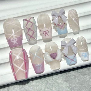 Ongles Press-On Faits Main « Sweetheart Angel Girl » – Adorables Patchs d'Art Ongulaire Rose et Bleu, Nœuds Romantiques Princesse, Faux Ongles Peints à la Main « Love » - Product Image 1