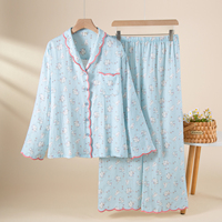 Ensemble de pyjama décontracté de luxe pour femme, en coton peigné 100%, avec passepoil ondulé, manches longues, pour le printemps et l'automne