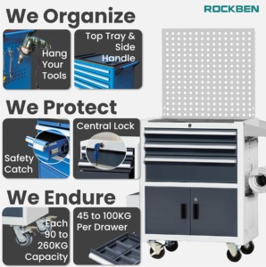 ROCKBEN Design ergonomique ABS Classification Disc Ball Slide Rail 5 pouces Caster Mobile Tool Cart pour un usage domestique avec boucle de sécurité - Product Image 3