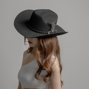 Sombrero Vaquero Occidental de Ala Ancha NZ11, Casual, Blanco y Negro, con Plumas Metálicas de Diamante, de Lana, para Exteriores, Cálido - Product Image 2
