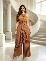 Ensemble pantalon élégant et décontracté Miyaki Midi Plus Size, col halter, pantalon plissé à jambes larges, tenue 2 pièces pour femmes