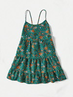 Robe d'été décontractée pour filles, imprimé floral turquoise, bretelles spaghetti, volants superposés, style swing, pour les vacances