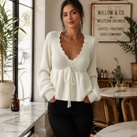 Haut en tricot côtelé pour femme avec logo personnalisé, manches longues, col en V, couleur unie, décontracté, hiver-printemps, en acrylique doux, usine OEM & ODM