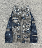 Shorts en jean streetwear pour homme, noir, avec motif laser, coupe large, bords bruts, effet déchiré et patchwork, appliqué étoile