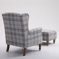 Fauteuil de relaxation à dossier haut en tissu à carreaux gris avec repose-pieds, pieds en bois, pour salon, usage hospitalier, certifié BSCI
