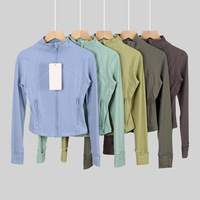 Jaket Slim Fit Profesional Wanita Kerah Tegak Resleting Depan untuk Lari, Olahraga, Fitness, Pakaian Luar, Yoga, Bahan Stretch