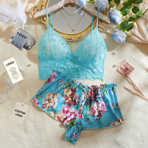 Ensemble deux pièces floral à manches courtes avec soutien-gorge sexy en dentelle push-up et lingerie sans couture pour femme – Bralette et sous-vêtements élégants - Product Image 1