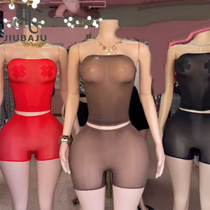 Sexy <strong>See</strong> <strong>Through</strong> 2 Piece Set Woman Strapless Tube <strong>Tops</strong> and Shorts Stretch Midnight Clubwear Outfits - Product Image 1