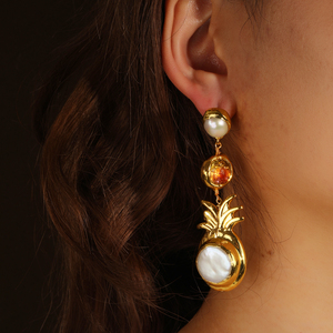 Orecchini Pendenti Placcati Oro alla Moda con Perla Naturale a Forma di Ananas e Vetro Ambrato, <span class=keywords><strong>Gioielli</strong></span> di Tendenza per Donne, Ideali per la Vendita all'Ingrosso - Product Image 2