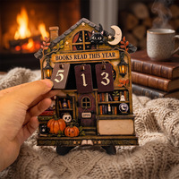 Ornement de bureau artisanal en bois, style moderne et minimaliste, avec carte à retourner, thème maison hantée d'Halloween, pour compteur de lecture