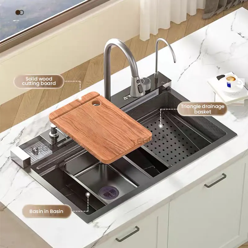 Évier cascade évier de cuisine en acier inoxydable bassin à vaisselle multifonction grand robinet de cuisine à réservoir unique