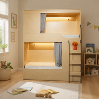 Lit superposé moderne en bois massif avec rideau d'intimité et éclairage LED |   Hôtel, auberge, maison, dortoir, cabine de couchage à double étage
