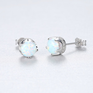 Minimalist S925 Silver Stud <b>Earrings</b> With Blue <b>Opal</b> Stone Claw Setting Classic Women's Jewelry Everyday Wear - Product Image 5