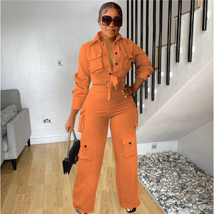 Nouveauté femmes 2 pièces haut court <span class=keywords><strong>Cargo</strong></span> pantalon à jambes larges ensemble de jogging poche vierge tenue deux pièces ensembles vêtements pour femmes automne 2023 - Product Image 2