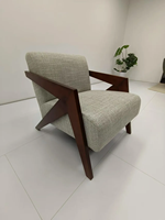 Fauteuil d'appoint rétro ergonomique en tissu écossais avec cadre en bois massif de style français vintage pour salon d'hôtel