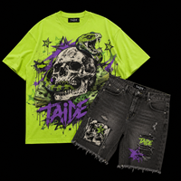 Ensemble T-shirt graphique néon et short en jean TaiDe certifié BSCI 480GSM, imprimé crâne serpent gothique, logo personnalisé OEM ODM, vente en gros pour hommes